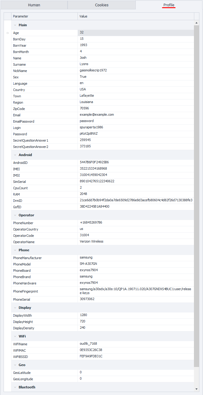 "Profile" Tab.
